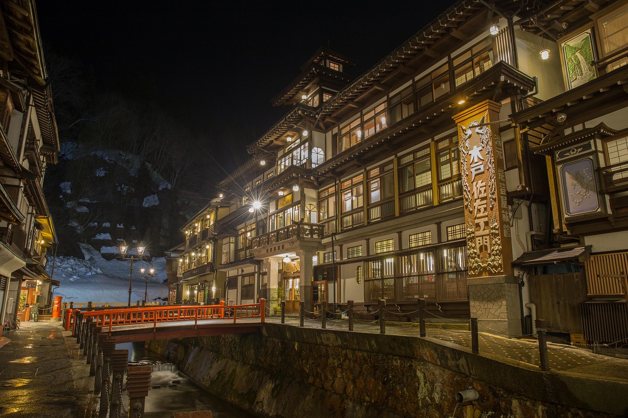 伝統的な日本の温泉地の街並み